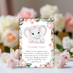 Cutie Elephant Blush Pink Floral Girl Baby Shower Thank You Card