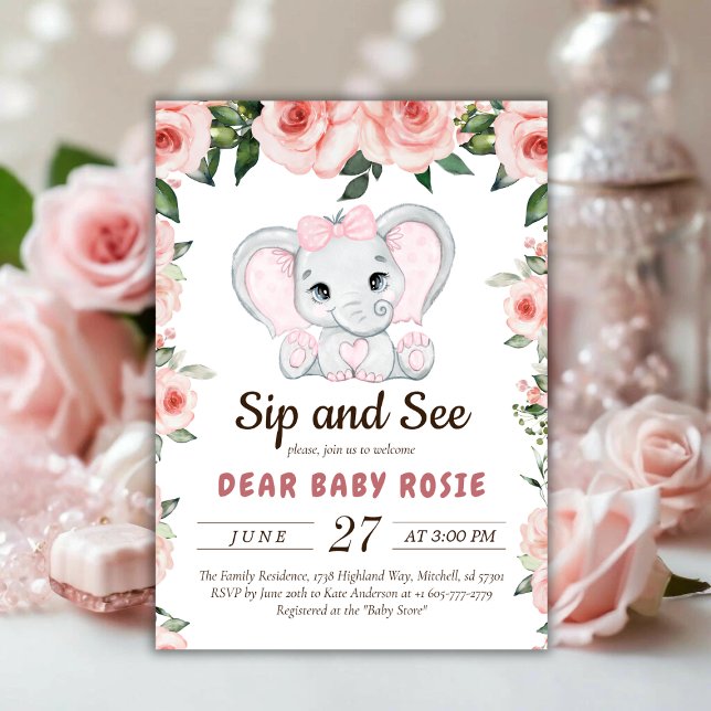 Cutie Elephant Blush Pink Floral Sip and See Invitation (Cutie Elephant Blush Pink Floral Sip and See Invitation)