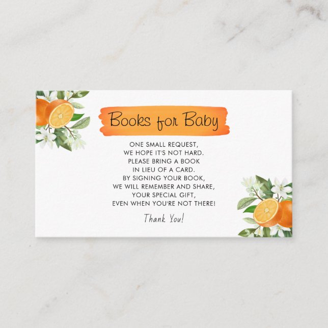 Cutie Orange Citrus Baby Shower Books for Baby Enclosure Card (Front)