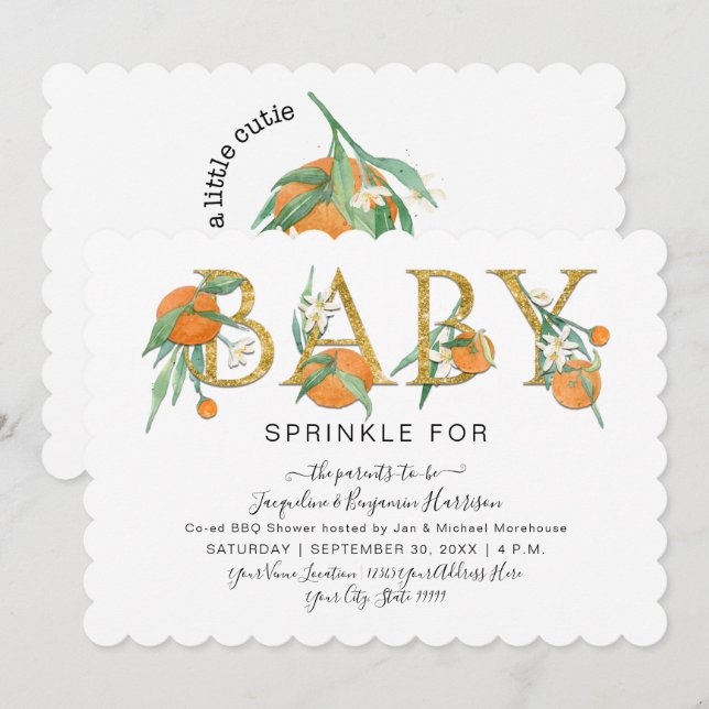 Cutie Oranges Gold Glitter Watercolor Baby Shower Invitation (Front/Back)
