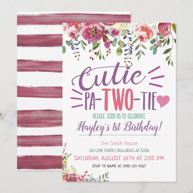 Cutie Pa-Two-Tie 2nd Birthday Girls Floral invite (Front/Back)
