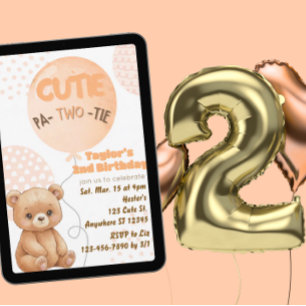 Cutie Pa-TWO-tie Peach Bear Balloons 2nd Birthday Invitation