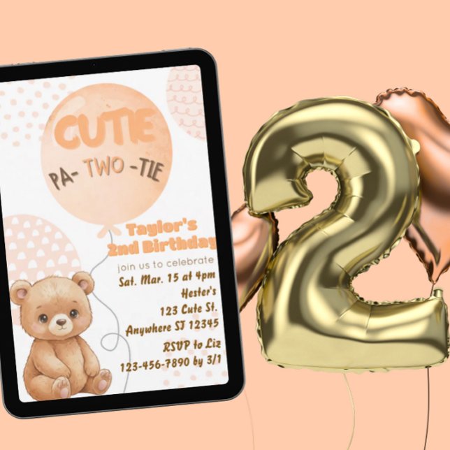 Cutie Pa-TWO-tie Peach Bear Balloons 2nd Birthday Invitation (Creator Uploaded)