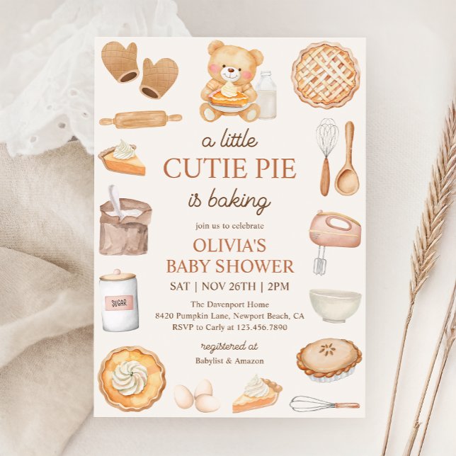 Cutie Pie Baking Teddy Bear Fall Baby Shower Invitation (Creator Uploaded)