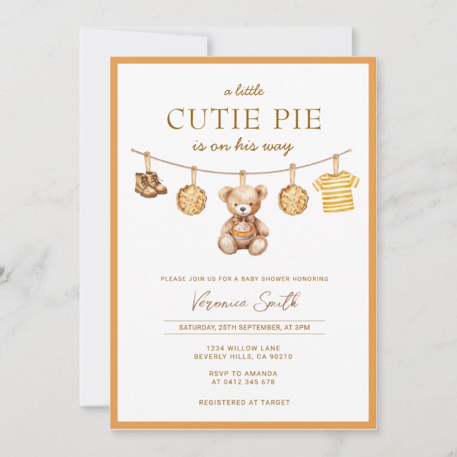 Cutie Pie Bear Boy Baby Shower Invitation (Front)