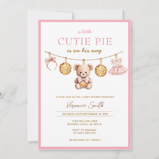 Cutie Pie Bear Girl Baby Shower Invitation