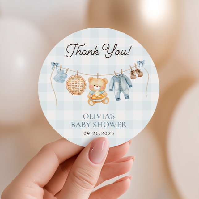 Cutie Pie Blue Fall Bear Boy Baby Shower Favour Classic Round Sticker (Creator Uploaded)