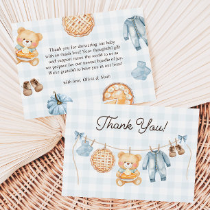 Cutie Pie Blue Fall Teddy Bear Boy Baby Shower Thank You Card