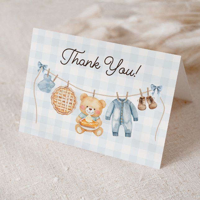 Cutie Pie Blue Fall Teddy Bear Boy Baby Shower Thank You Card (Creator Uploaded)