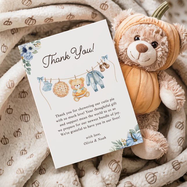 Cutie Pie Blue Fall Teddy Bear Boy Baby Shower Thank You Card (Creator Uploaded)