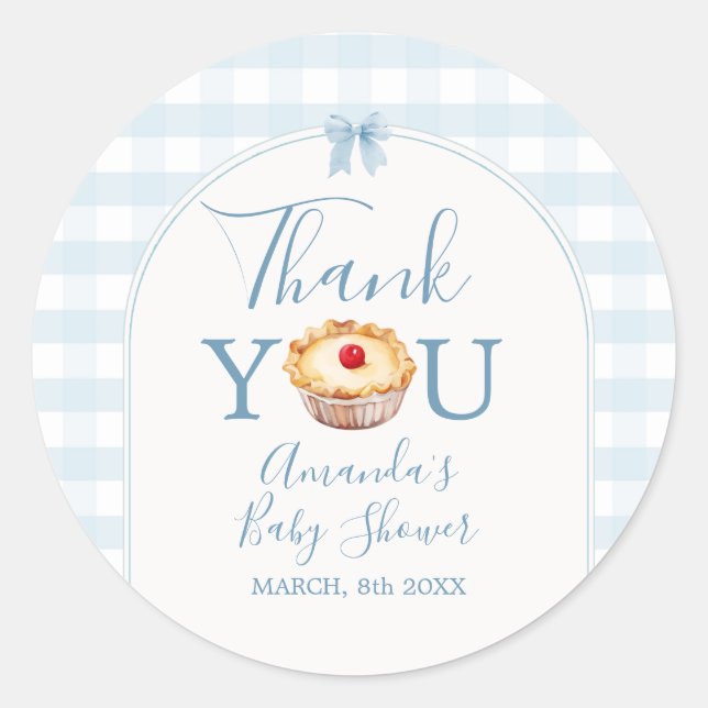 Cutie Pie Blue Gingham Baby Shower Thank You Classic Round Sticker (Front)