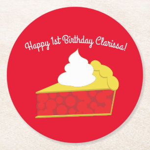 Cutie Pie Cherry Kids 1st Birthday Party Round Paper Coaster