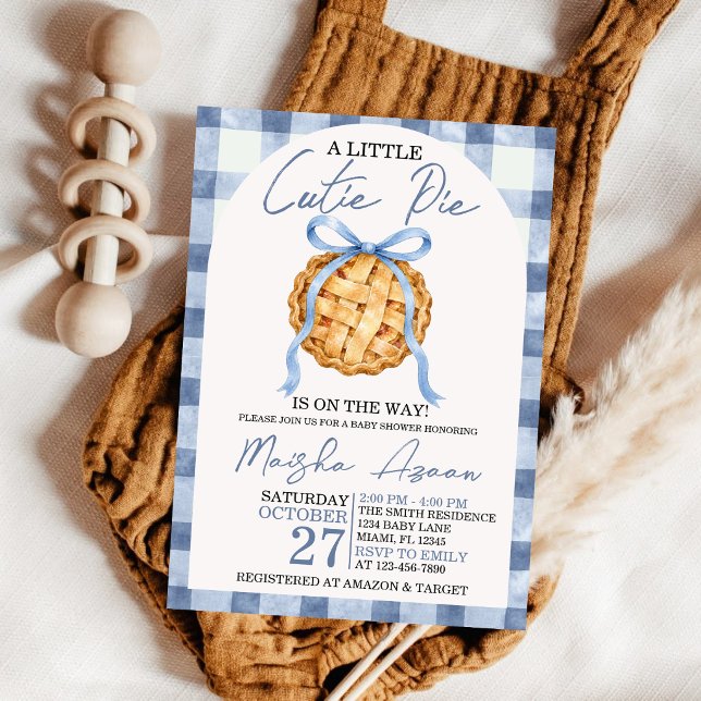 Cutie Pie Dusty Blue Bow Gingham Fall Baby Shower Invitation (Creator Uploaded)