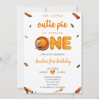 Cutie Pie Fall Rustic Orange Gingham 1st Birthday Invitation