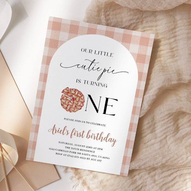 Cutie Pie First Birthday Peach Gingham Party Invitation (Creator Uploaded)