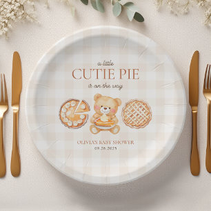 Cutie Pie Gingham Teddy Bear Fall Baby Shower Paper Plate