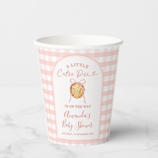 Cutie Pie Pastel Pink Bow Gingham Fall Baby Shower Paper Cups (Front)