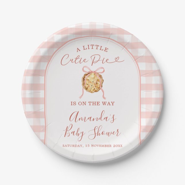 Cutie Pie Pastel Pink Bow Gingham Fall Baby Shower Paper Plate (Front)