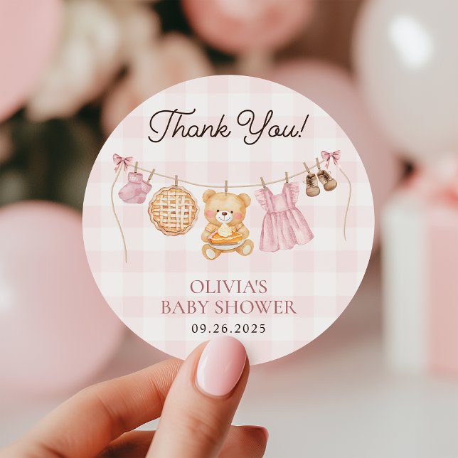 Cutie Pie Pink Fall Teddy Bear Girl Baby Shower Classic Round Sticker (Creator Uploaded)