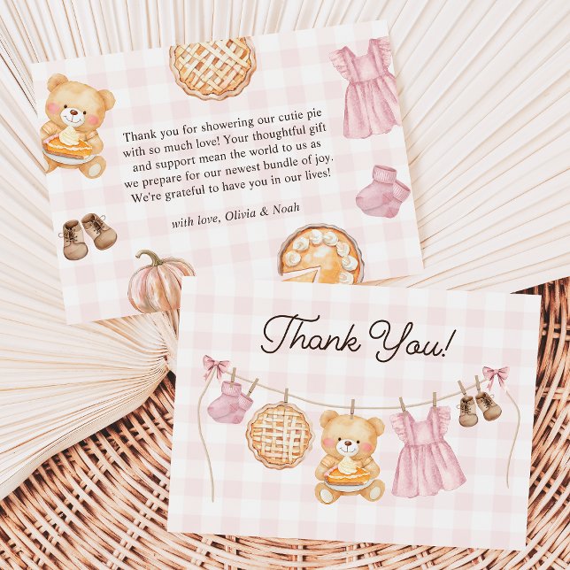 Cutie Pie Pink Fall Teddy Bear Girl Baby Shower Thank You Card (Creator Uploaded)