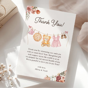 Cutie Pie Pink Fall Teddy Bear Girl Baby Shower Thank You Card