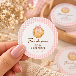 Cutie Pie Pink gingham Baby Shower Classic Round Sticker