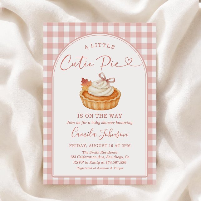 Cutie Pie Pink Gingham Fall Baby Shower Invitation (Creator Uploaded)