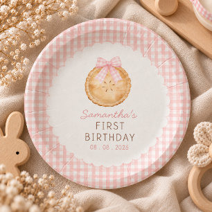Cutie Pie Pink gingham first birthday Paper Plate