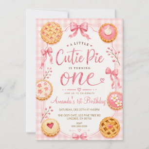 Cutie Pie Pink Gingham Girl First Birthday Invitation