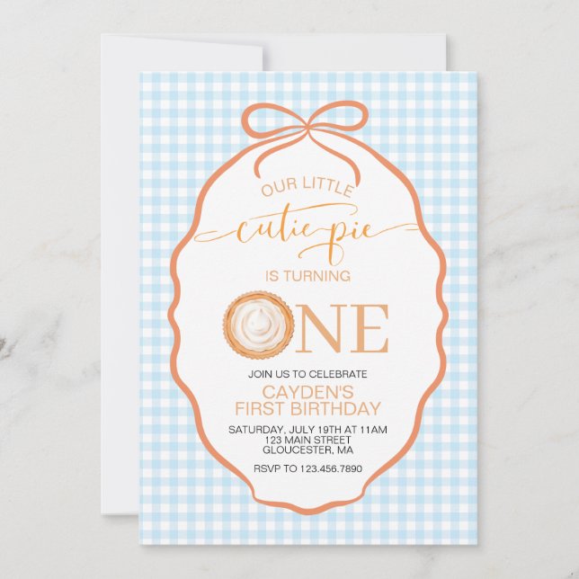 Cutie Pie pumpkin pie blue plaid First Birthday Invitation (Front)