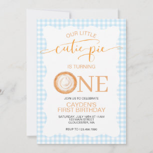 Cutie Pie pumpkin pie blue plaid First Birthday Invitation