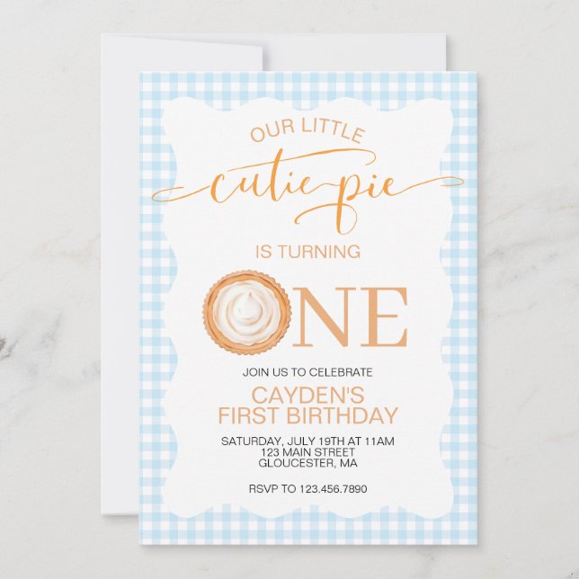 Cutie Pie pumpkin pie blue plaid First Birthday Invitation (Front)