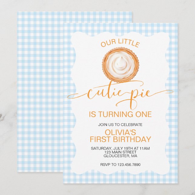 Cutie Pie pumpkin pie blue plaid First Birthday Invitation (Front/Back)