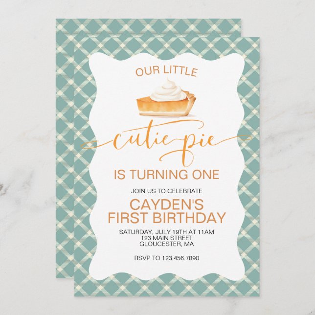 Cutie Pie pumpkin pie Fall plaid First Birthday Invitation (Front/Back)