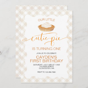 Cutie Pie pumpkin pie Fall plaid First Birthday Invitation
