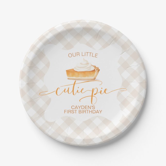 Cutie Pie pumpkin pie Fall plaid First Birthday Paper Plate (Front)