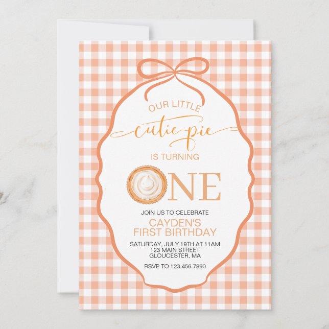 Cutie Pie pumpkin pie orange plaid First Birthday Invitation (Front)