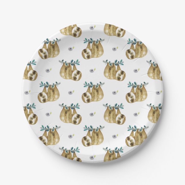 Cutie Pie Watercolor Sloth Pattern Paper Plate (Front)