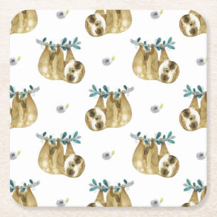 Cutie Pie Watercolor Sloth Pattern Square Paper Coaster