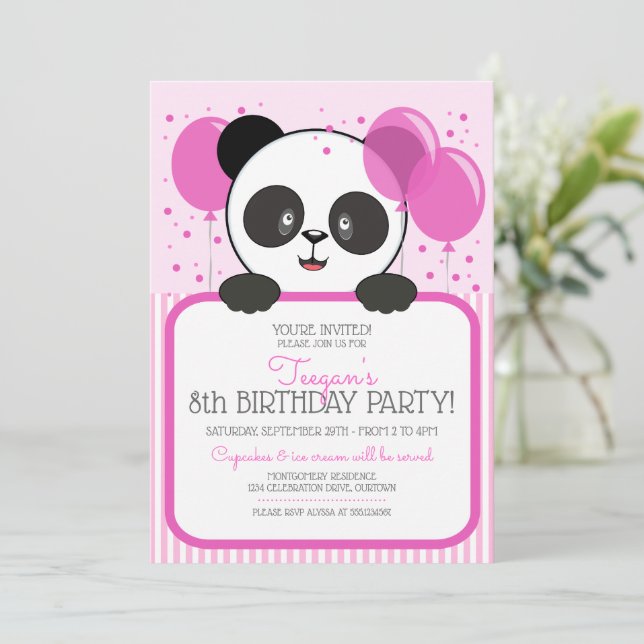 Cutie Pink Panda Birthday Party Invitations (Standing Front)