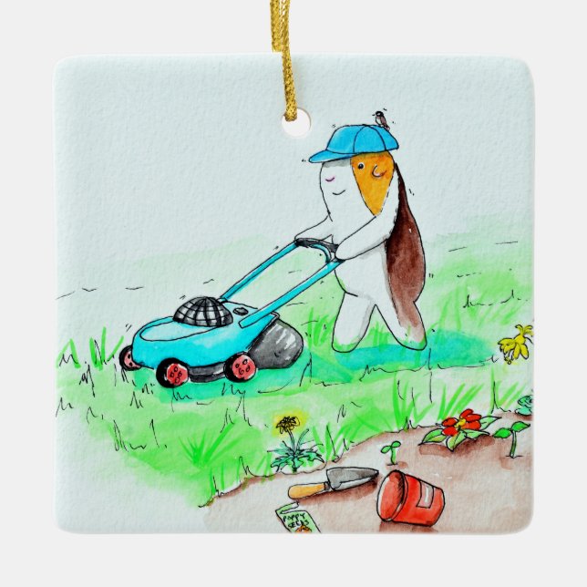 Cutie the Guinea Pig the Gardener Painting Ceramic Ornament (Front)