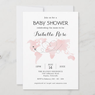 Cuties Map Travel Adventure Blush Pink Baby Shower Invitation