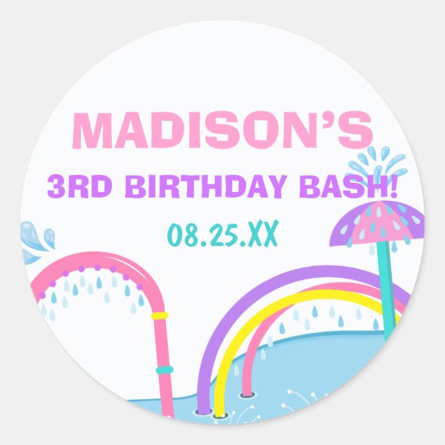 Cuties Splish Splash Pad Water Park Girl Birthday  Classic Round Sticker (Front)