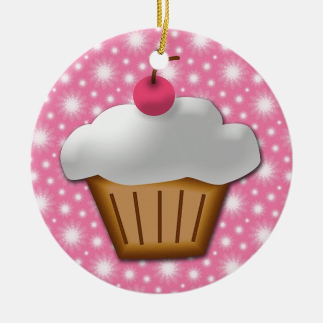 Cutout Cupcake with Pink Cherry on Top Ceramic Tree Decoration (Front)
