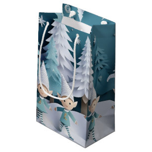 Cutout Elves in the Snow Christmas Small Gift Bag