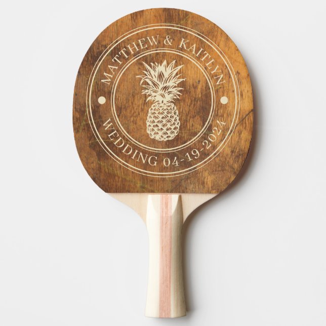 Cutting Block Pineapple Wedding Crest & Names Ping Pong Paddle (Front)