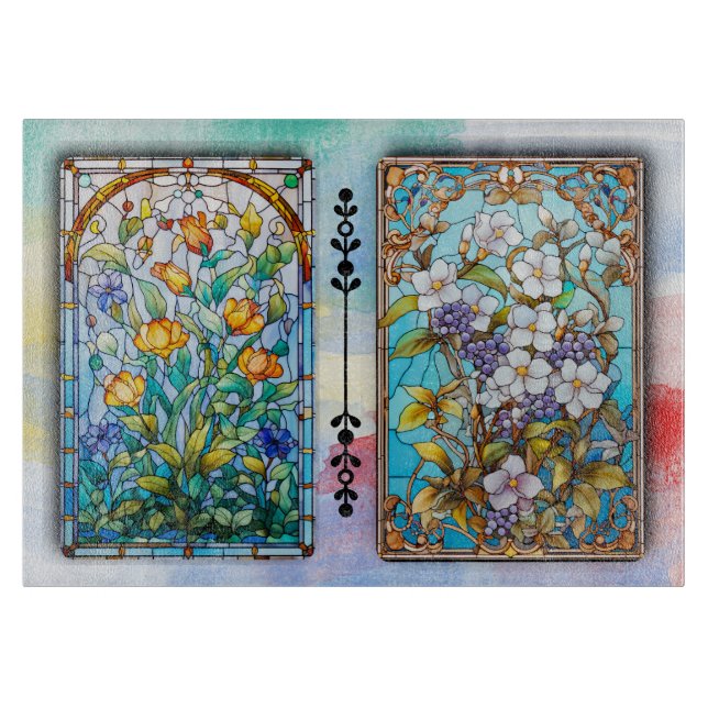 CUTTING BOARD - Stained Glass Style Floral Design (Front)