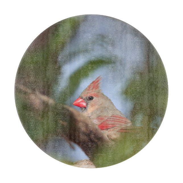 Cutting board with picture of female cardinal (Front)