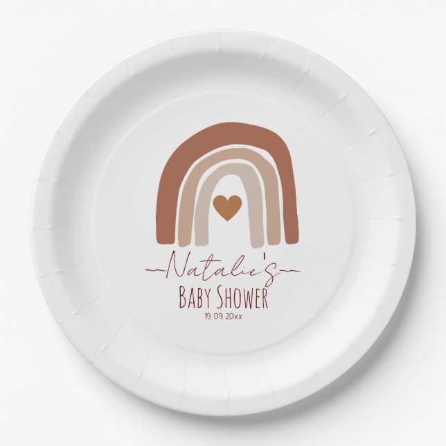 Cuty rainbow with heart modern baby shower pink paper plate (Front)