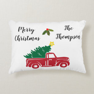 Cuty simply farmhouse red truck with family name decorative cushion